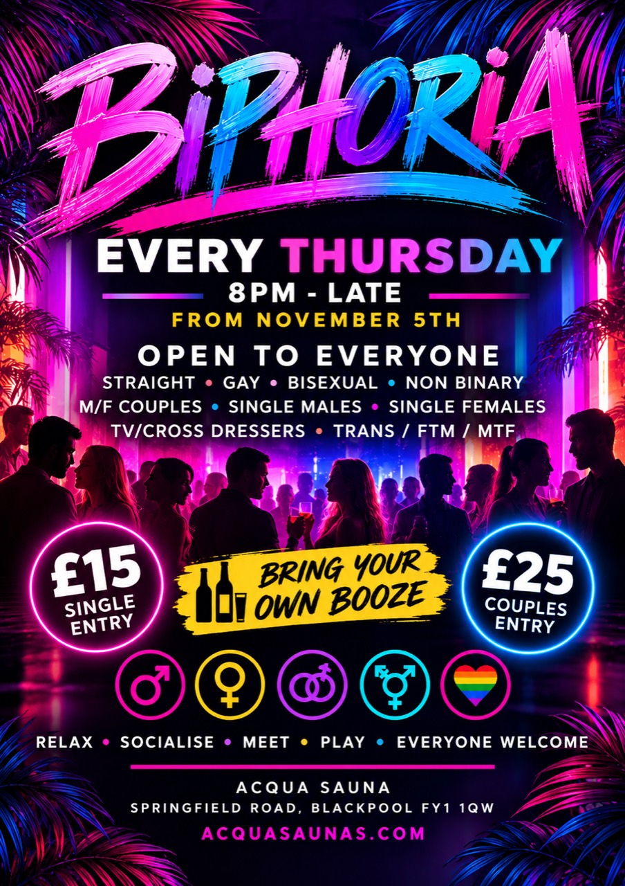 Acqua Sauna Biphoria launch poster: Thursdays from 5 November 2026, 8pm–late, £15 singles and £25 couples, bring your own booze